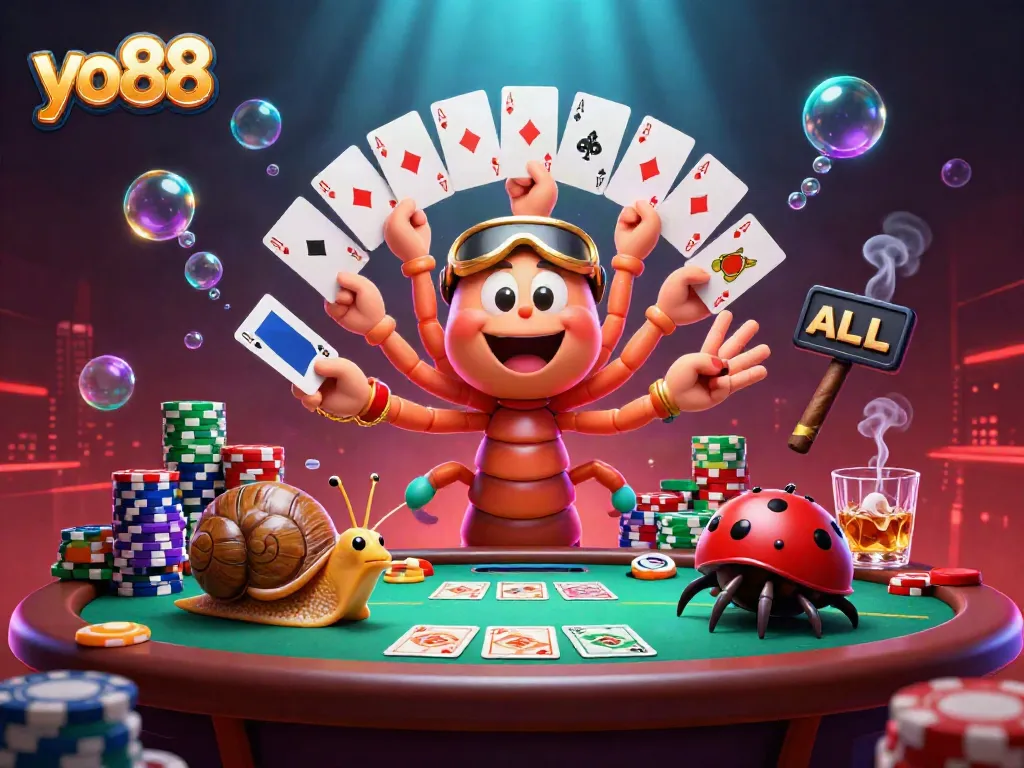 Experience the thrill of yo88 with a vibrant 3D casino scene featuring a lively dealer and animated characters.
