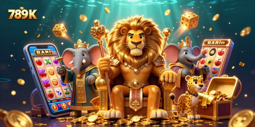 Experience the excitement of 789 K with a vivid casino scene featuring a royal lion, elephant advisor, and cheetah messenger.