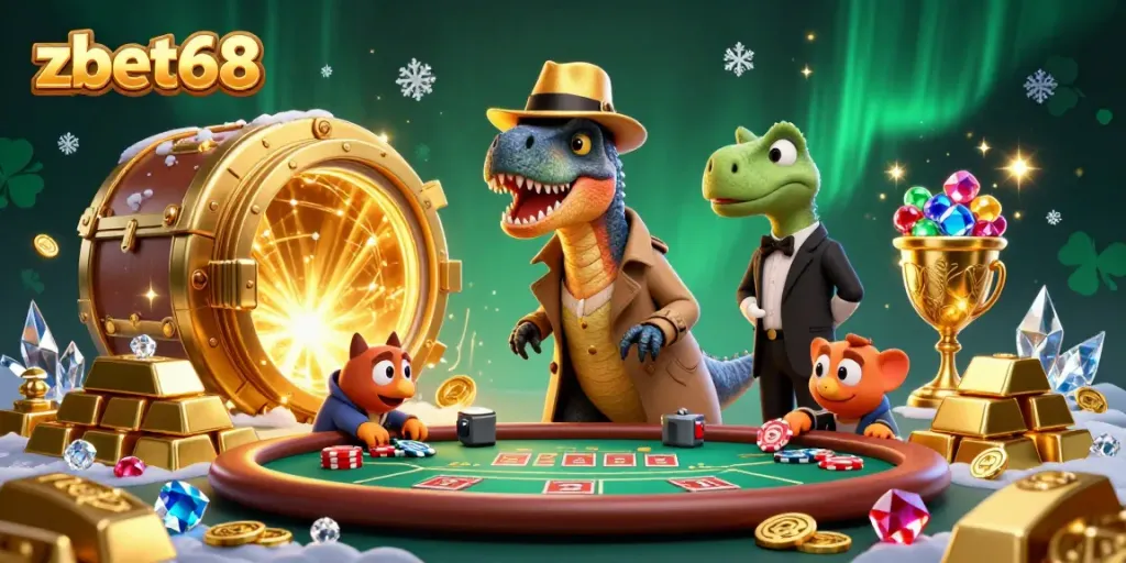 Watch a zbet68 velociraptor sneak cards at blackjack while a stegosaurus pit boss eyes suspiciously.