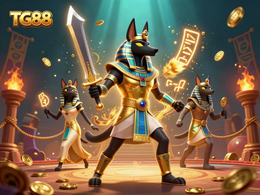 Experience thrilling gameplay with TG88 featuring Anubis and Bastet in a vibrant casino setting.