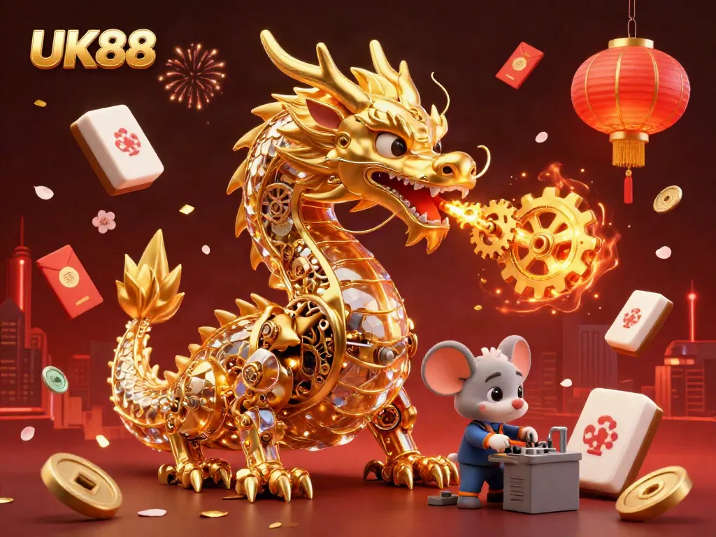 Experience the excitement of UK88 with a golden dragon and festive gambling elements in a dynamic casino scene.