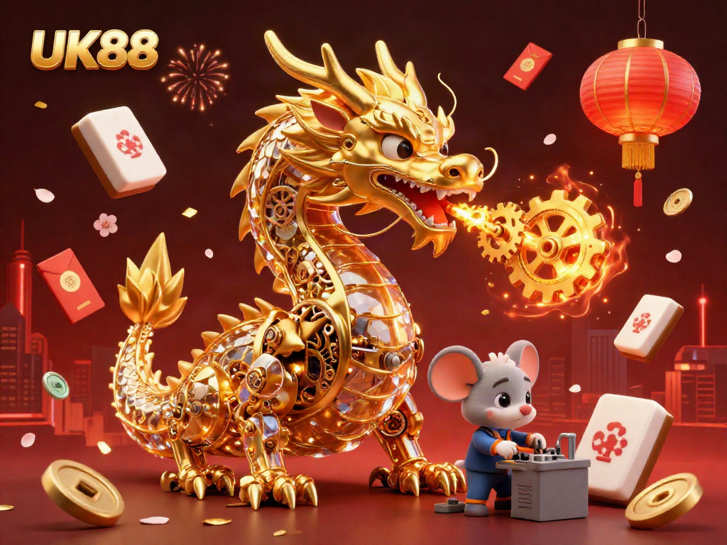 Experience the excitement of UK88 with a golden dragon and festive gambling elements in a dynamic casino scene.
