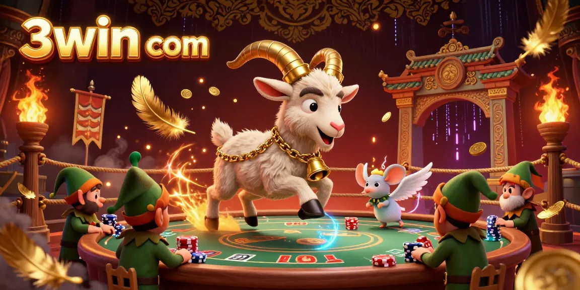 Thrilling 3win com casino scene with festive Krampus goat, angel mouse, and elf gremlins stealing poker chips.