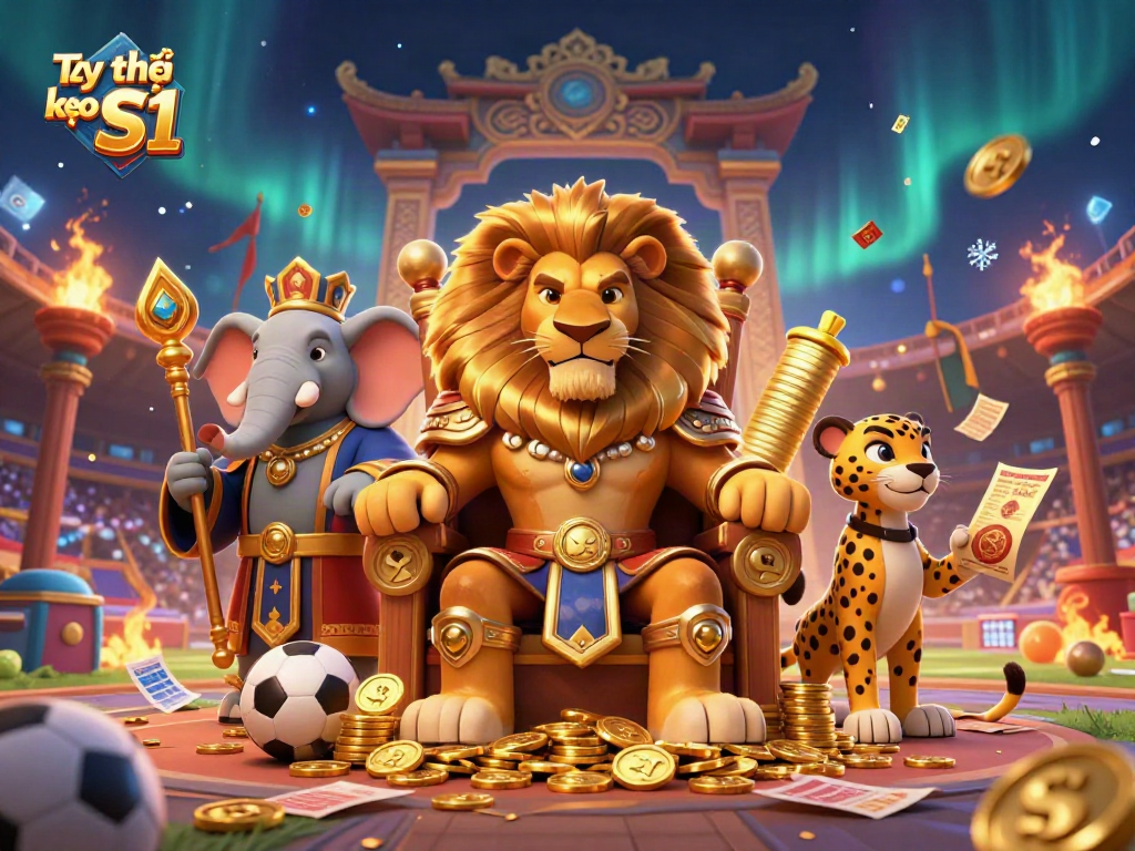 Experience the thrill of Tỷ lệ kèo S1 with a dynamic scene of a lion king, elephant advisor, and cheetah messenger in a rich gambling environment.
