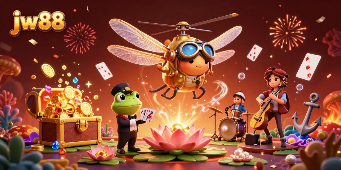 Join the action with jw 88 at a lively casino scene featuring a dragonfly pilot and frog dealer.