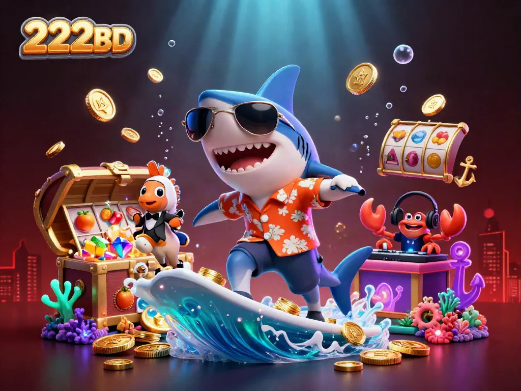 Experience big wins with 222BD as a shark surfs on golden coins in a vibrant casino scene.