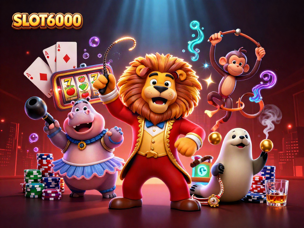 Engage with SLOT6000 amidst vibrant circus characters celebrating a jackpot in a lively casino setting.