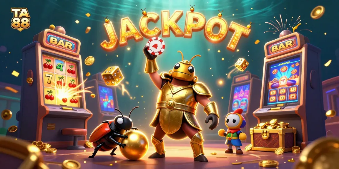 TA 88 celebrates a jackpot win with cartoon beetles amidst casino games and excitement.