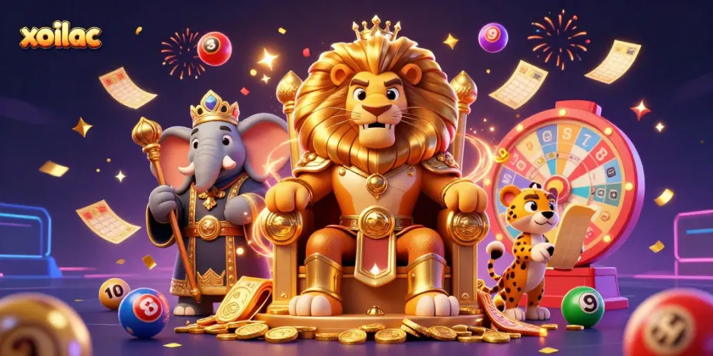 Experience thrilling gameplay with Xoilac’s vibrant cartoon scene featuring a lion king, elephant advisor, and cheetah messenger.