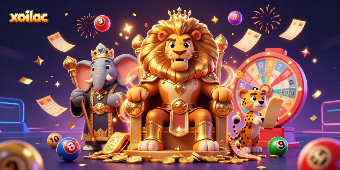 Experience thrilling gameplay with Xoilac’s vibrant cartoon scene featuring a lion king, elephant advisor, and cheetah messenger.