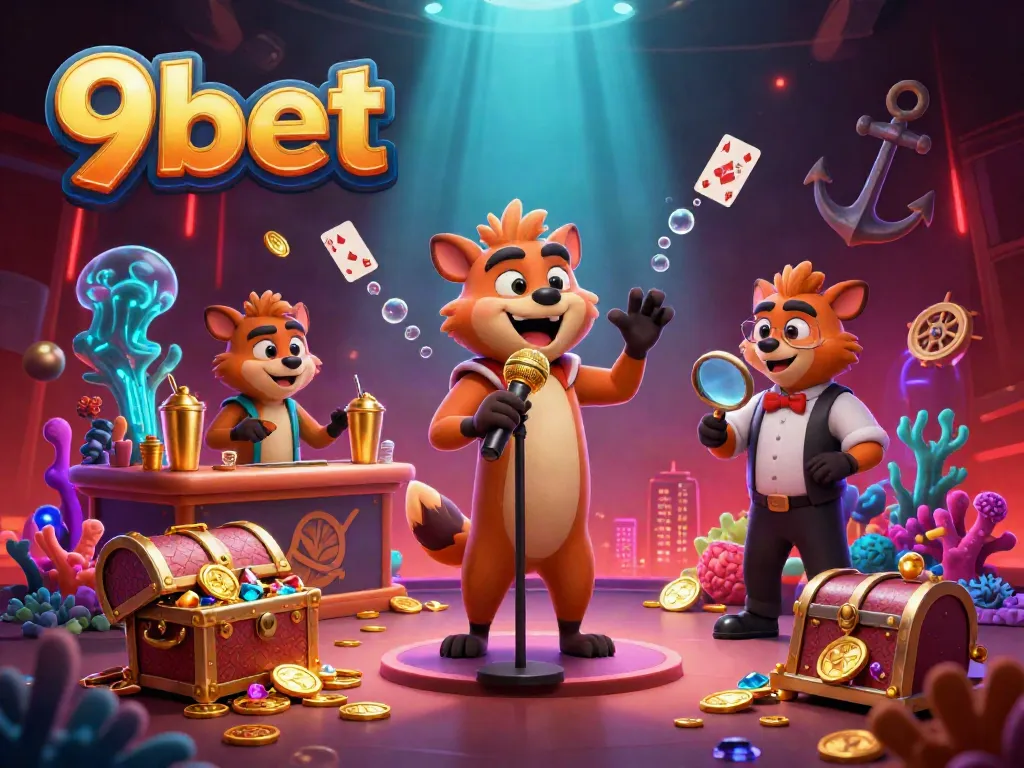 Hyenas entertain at 9bet's comedy casino club with jokes, drinks, and dynamic underwater elements.