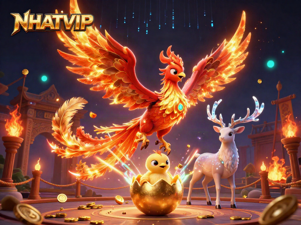 Engage with NHATVIP's vibrant 3D phoenix illustration showcasing thrilling gaming action and rich casino elements.