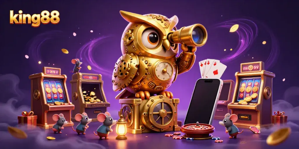 Experience the thrill of king88 with a golden owl overseeing a lively casino scene, rich in detail and action.