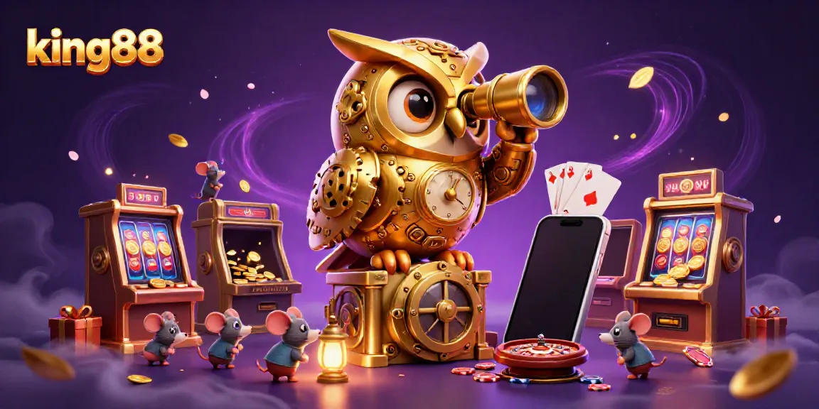 Experience the thrill of king88 with a golden owl overseeing a lively casino scene, rich in detail and action.