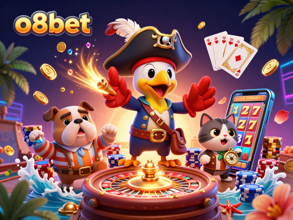 o8bet captures the excitement of casino gaming with a lively pirate scene filled with gold coins and roulette.