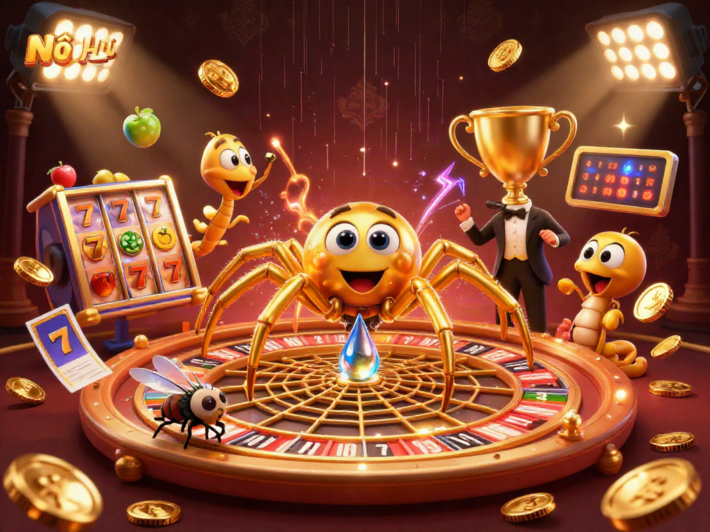 Nổ Hũ jackpot excitement with a golden spider and lucky symbols spinning in a dynamic casino scene.