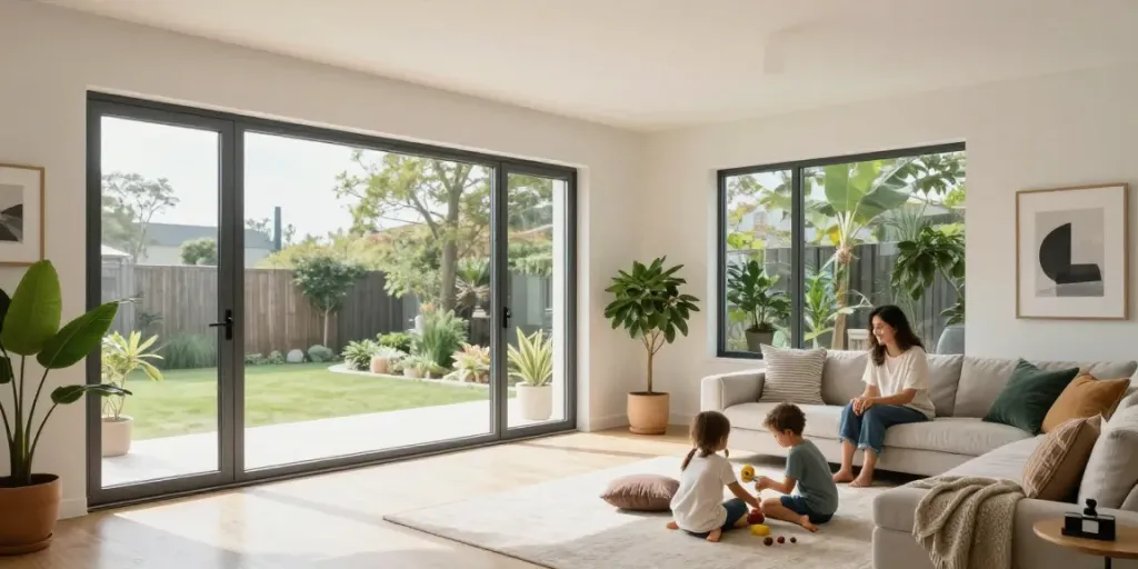 Beautiful living room with Conch uPVC windows, showcasing modern decor and natural light.
