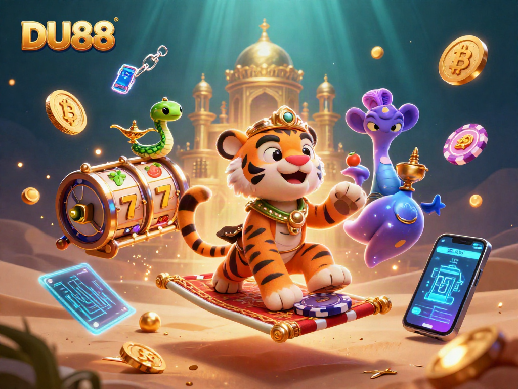 Engage with DU88's vibrant casino adventures featuring a tiger sultan's magic carpet surrounded by glowing slot elements.