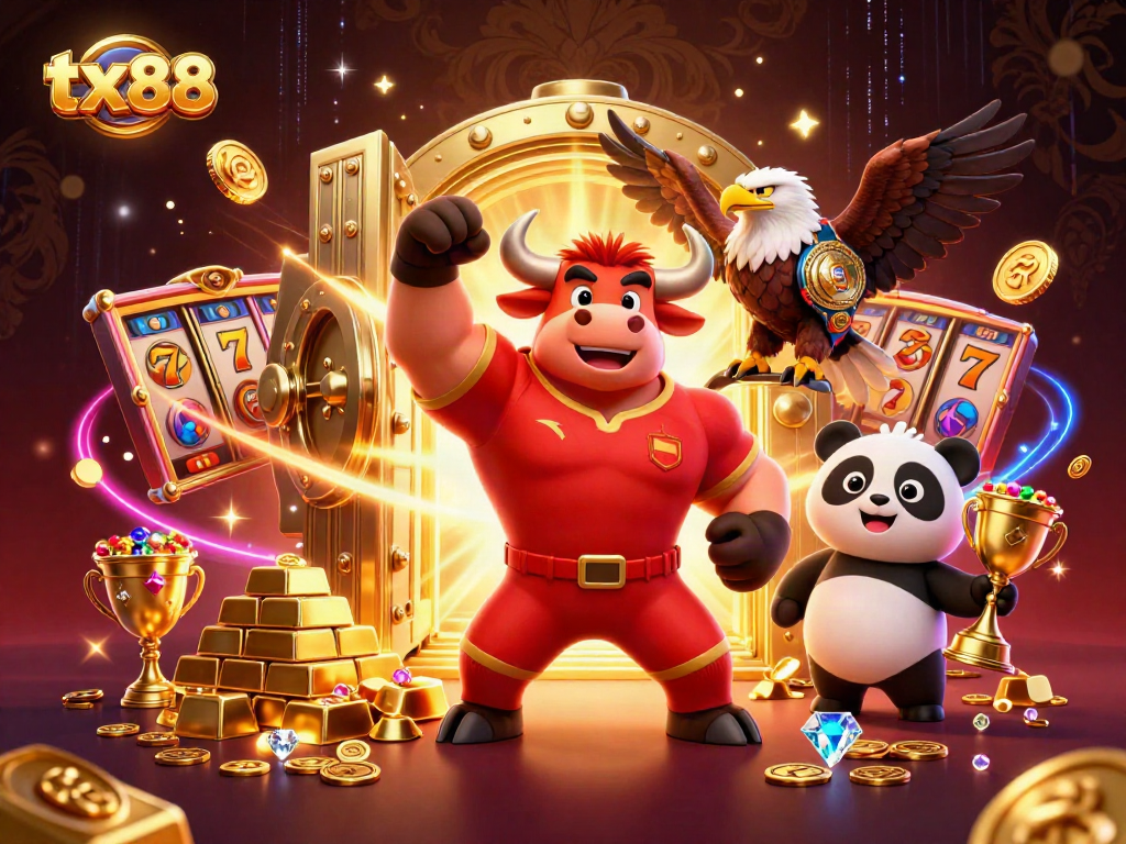 Engage with tx 88 through an exciting casino scene featuring dynamic characters and rich treasures.