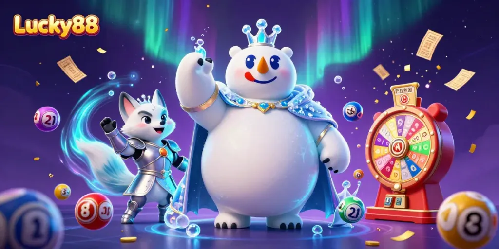 Win big with Lucky88 in a colorful lottery and casino-themed illustration full of dynamic elements.
