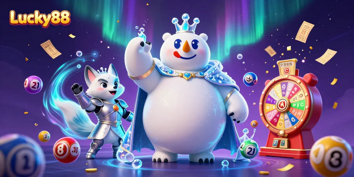 Win big with Lucky88 in a colorful lottery and casino-themed illustration full of dynamic elements.