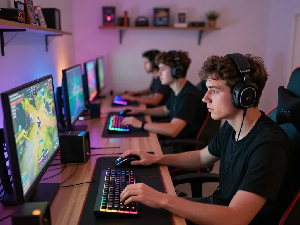 Gamers engaging in an intense multiplayer gaming session in a vibrant setup featuring kilat404 elements.