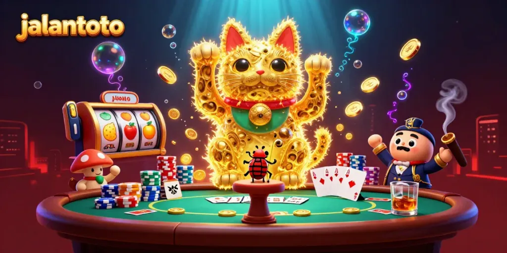 Engage with jalantoto's vibrant online gaming scene featuring a lucky cat, slot reels, and colorful chips.