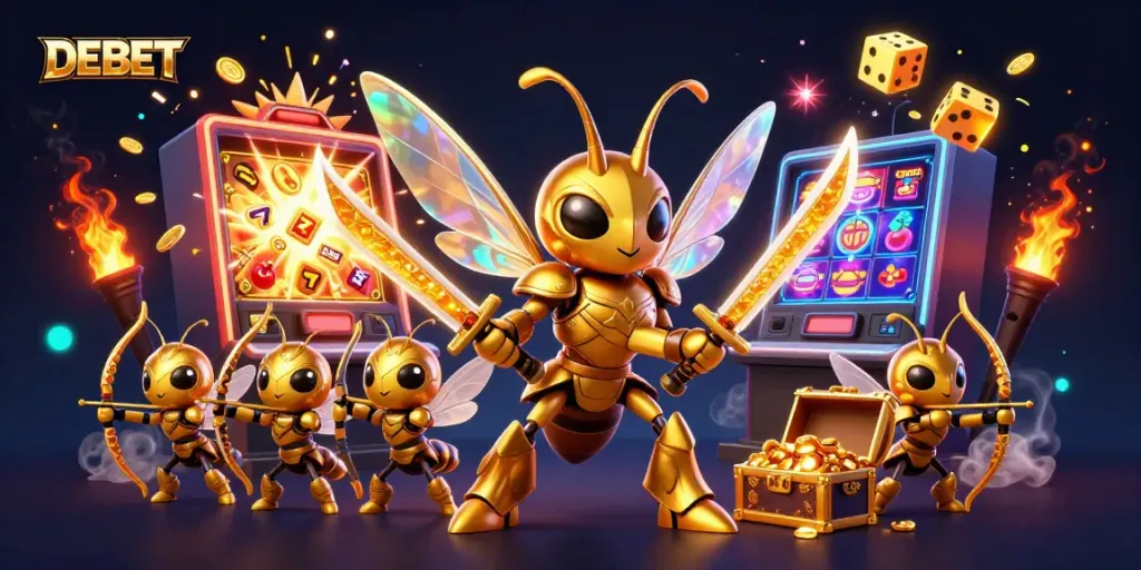 Engage in thrilling gameplay at DEBET with dynamic slot machines and lively characters lighting up the casino.