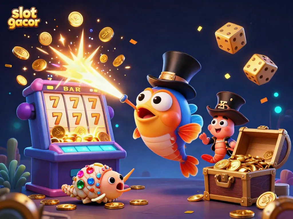Engage in exciting slot gacor gameplay with vibrant 3D casino characters bursting with coins.