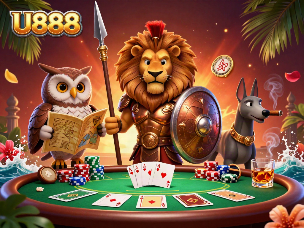 Experience the thrilling U888 gaming atmosphere with a Spartan lion and owl strategizing at a vibrant poker table.