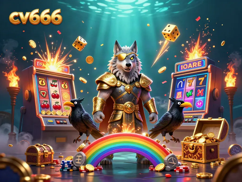 Spin the reels with cv666 as Odin and his ravens guide you through a vibrant casino scene.