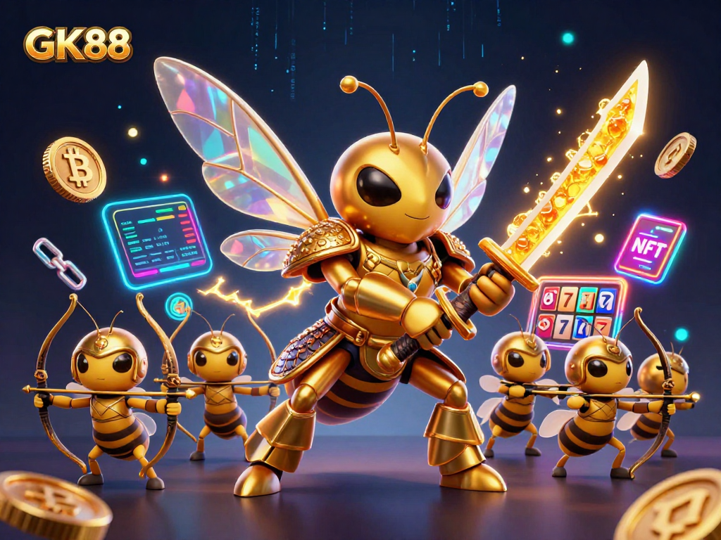 Experience thrilling gaming at GK88 with vibrant characters, crypto elements, and dynamic gambling visuals.