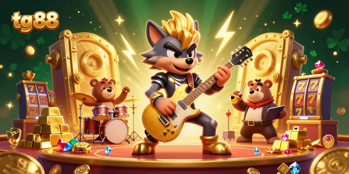 Engage with tg 88 slots, featuring a vibrant rock star wolf shredding in a dynamic casino scene.