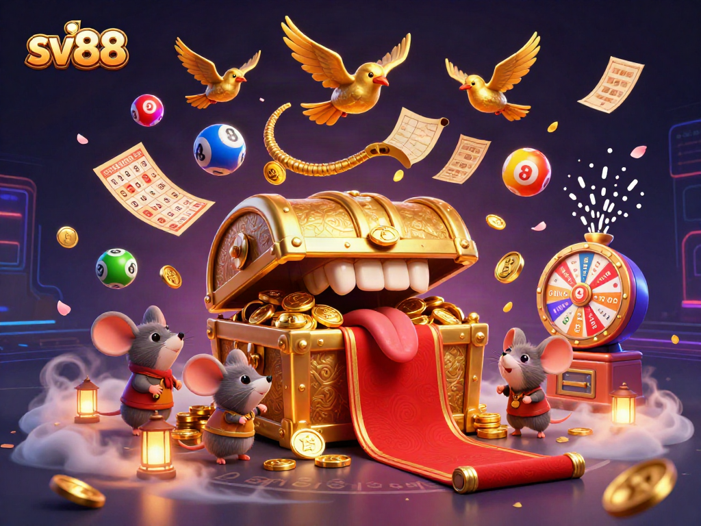Win big at sv88 with vibrant casino games, colorful lottery balls, and golden treasures!