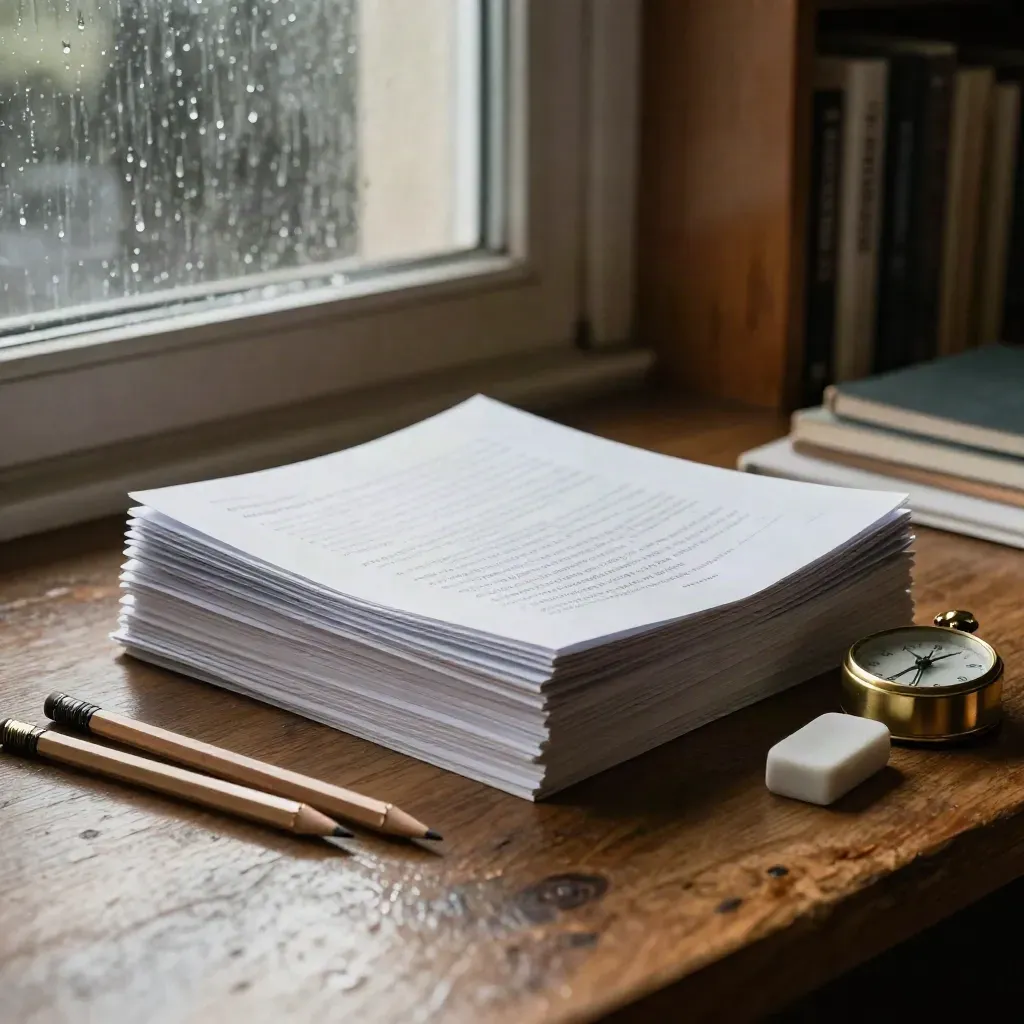 Stół biblioteczny z arkuszami maturalnymi, ołówkami, gumkami i zegarem przy deszczu za oknem.