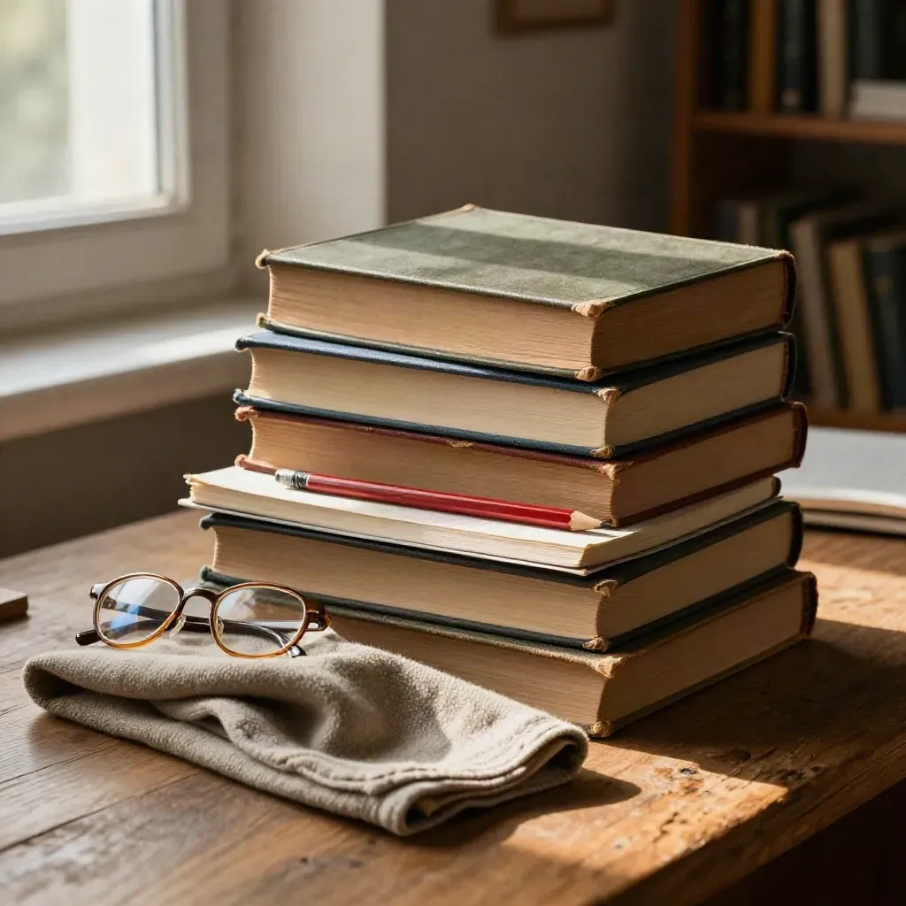 Stos książek do lektur, czerwony ołówek, okulary i wełniana tkanina na stole przy ciepłym świetle.