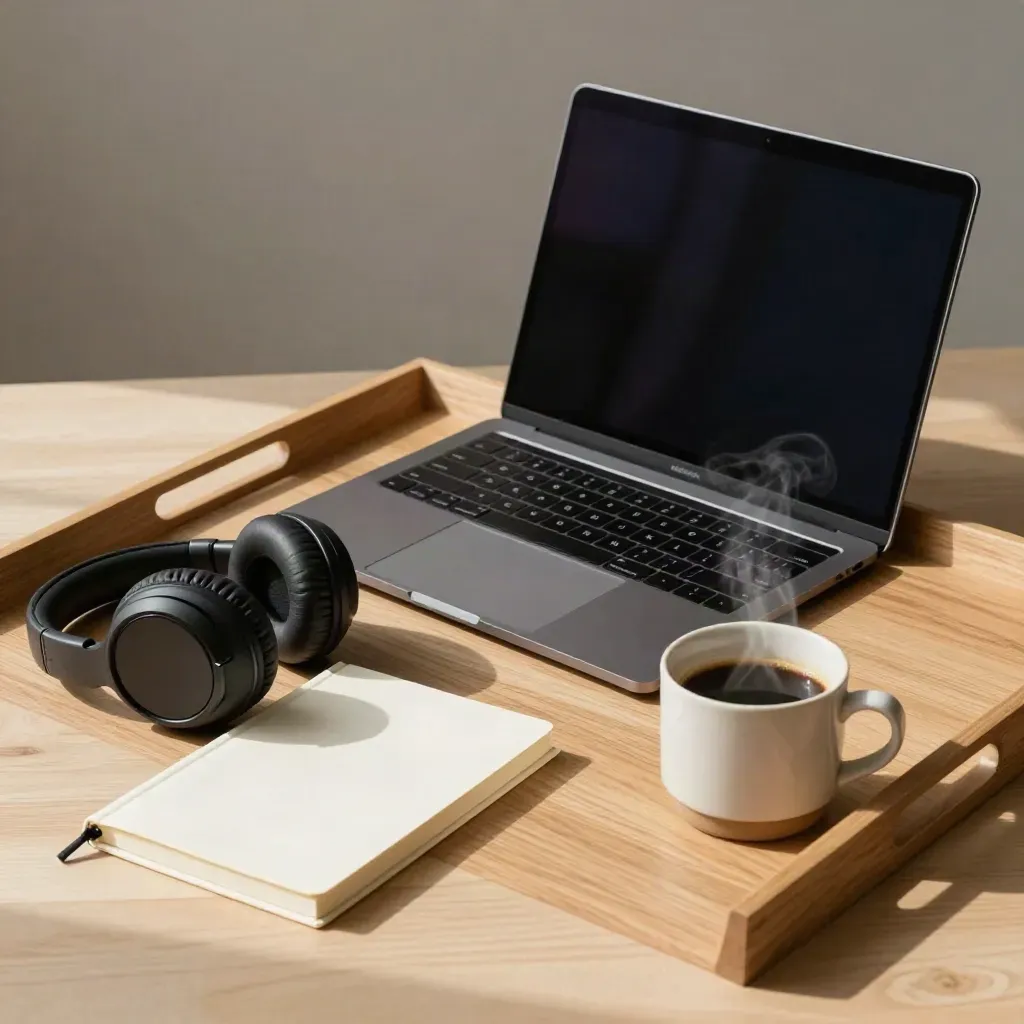 Laptop, słuchawki, notes i kubek kawy na jasnej drewnianej tacy po lekcji online.