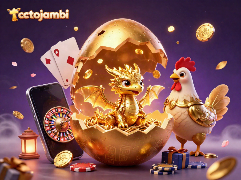 Experience totojambi with vibrant casino elements and a golden dragon guarding poker chips.