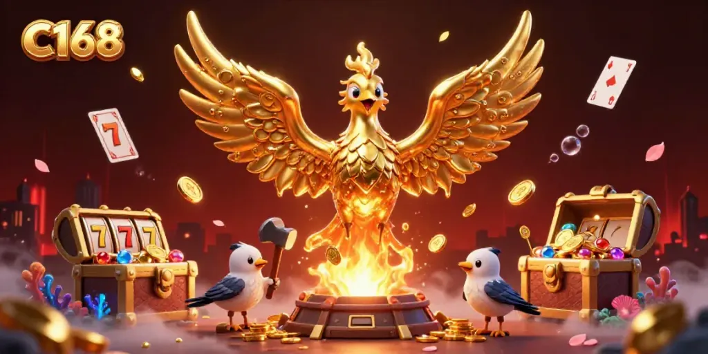 C168: Experience exhilarating casino fun with a molten golden phoenix amidst vibrant gaming elements.