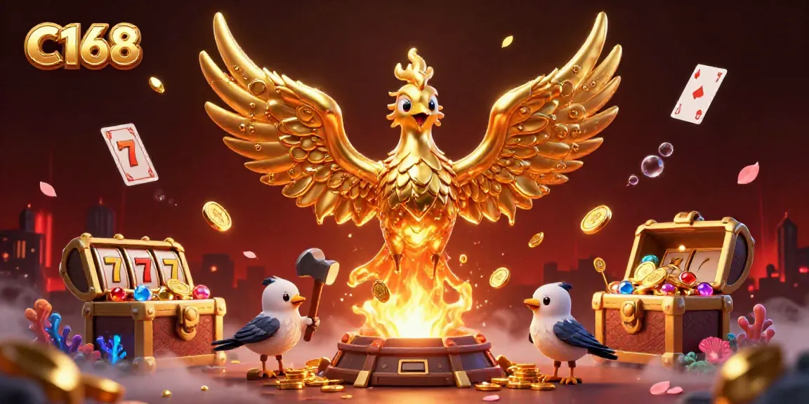 C168: Experience exhilarating casino fun with a molten golden phoenix amidst vibrant gaming elements.