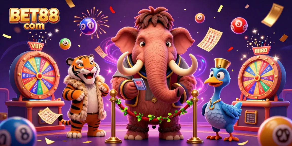 Engaging casino scene showcasing BET88 com with a woolly mammoth bouncer, saber-tooth VIP, and dodo doorman amidst vibrant lottery elements.