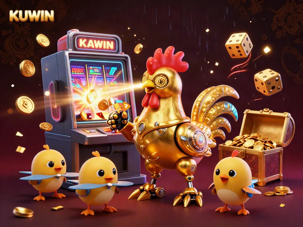 Experience the thrill of KUWIN gaming with vibrant 3D illustrations of a golden rooster robot and dynamic casino elements.