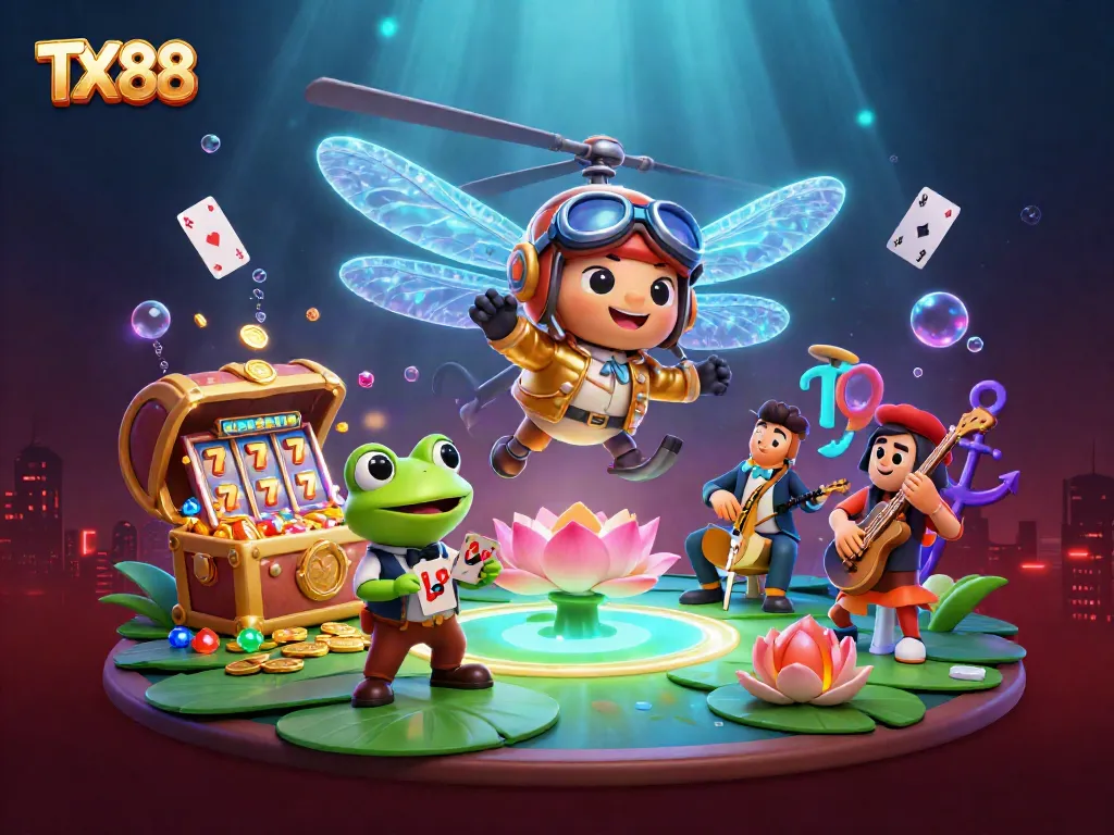 Experience the excitement of TX 88 slots in vibrant underwater casino scene with captivating characters.