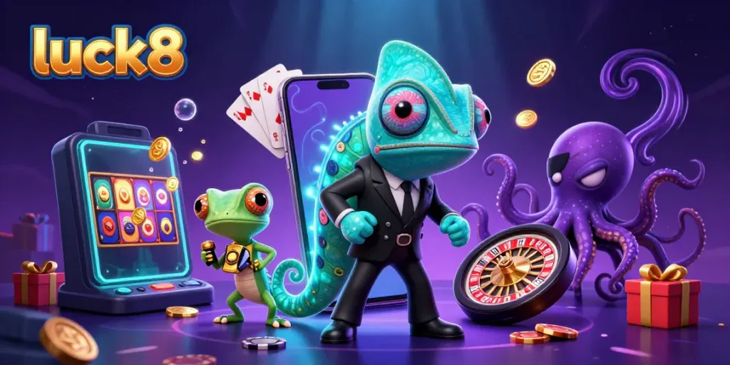 Play slot games with luck8 featuring vibrant characters in a lively casino scene.