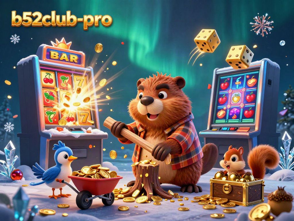 Engage in gaming fun with the b52club-pro characters amid cascading coins and vibrant casino elements.