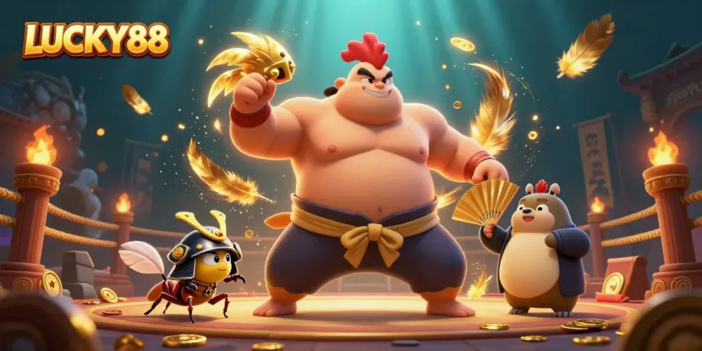 Experience thrilling bets with LUCKY88 in a vibrant fighting arena filled with gold coins.