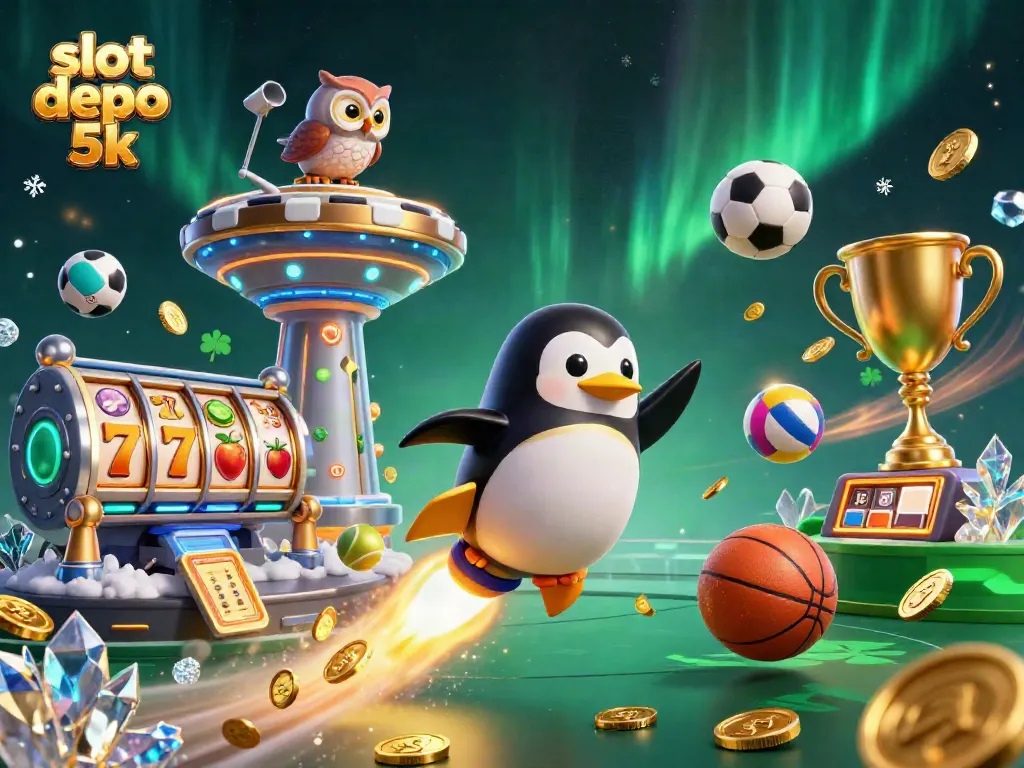 Experience the excitement of slot depo 5k with dynamic characters and gambling elements in a vibrant casino space setting.