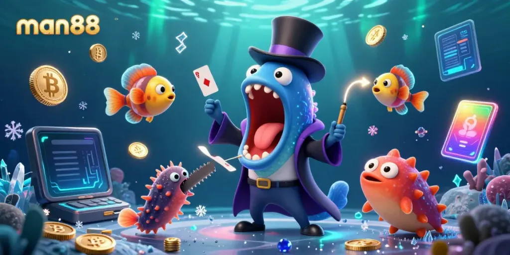Watch the man88 deep-sea magic show with thrilling card tricks and crypto coins floating around.