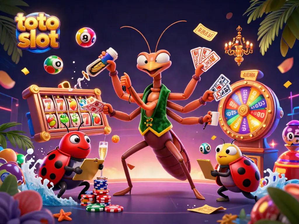 Mengaktifkan toto slot dengan karakter unik di casino, gerakan dinamis dan simbol keberuntungan menghiasi gambar.
