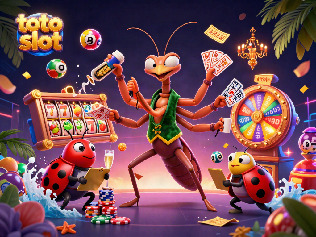 Mengaktifkan toto slot dengan karakter unik di casino, gerakan dinamis dan simbol keberuntungan menghiasi gambar.